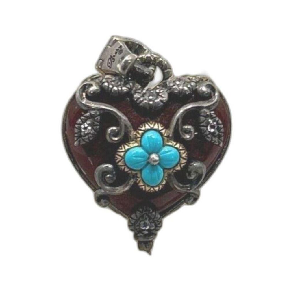 Barbara Bixby Vintage ornate heart pendant with turquoise flower, pearl accent